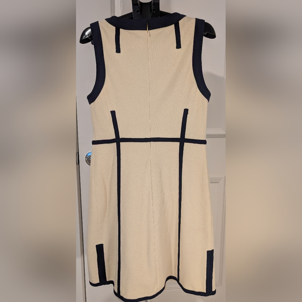 Tory Burch Addis Cream & Navy Sleeveless Tailored Dress | Size L - Picture 2 of 9